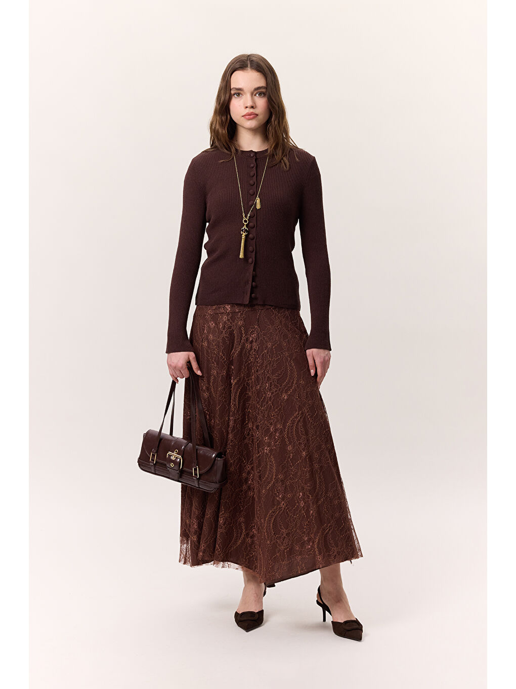 Pembe Dantelli Geniş Etek Kahverengi-2