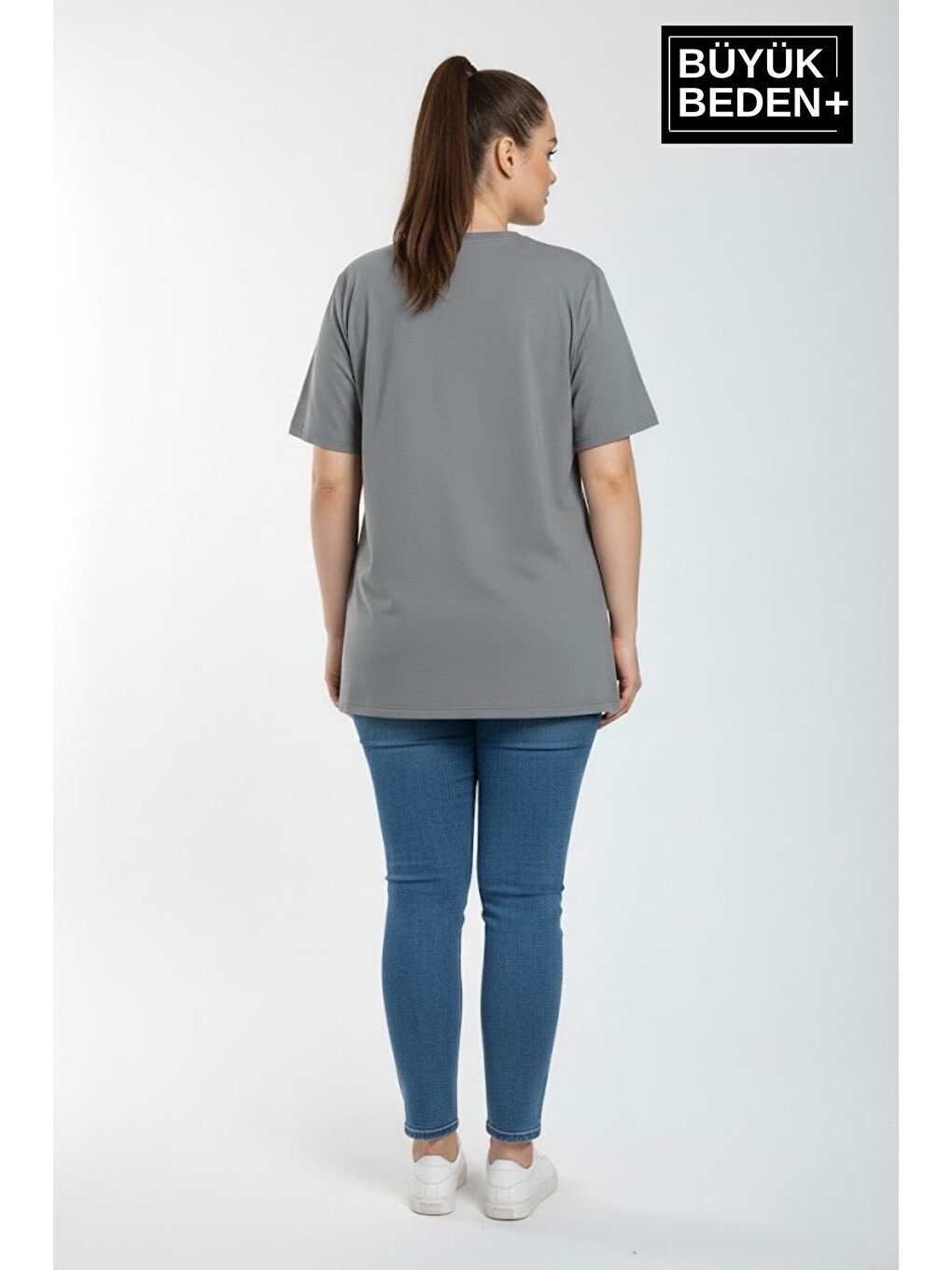 Gri Kadın Büyük Beden Orta Brooklyn Baskılı 3xl-6xl Bisiklet Yaka Tshırt SPR26BTSK510-8-3