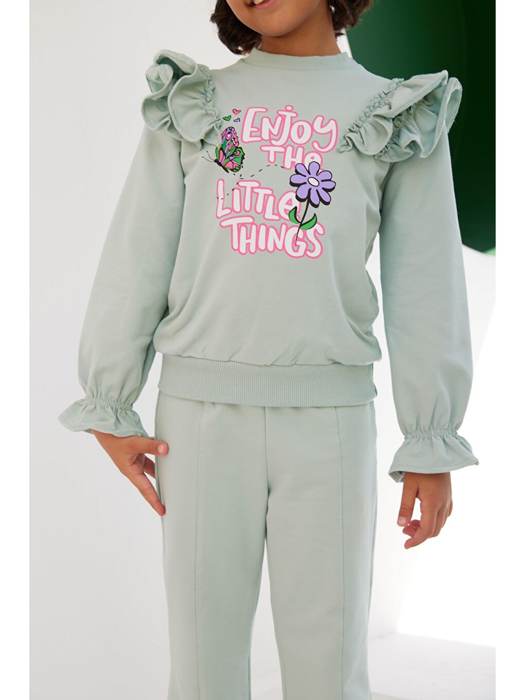 Yeşil Kız Çocuk Fistolu Aksesuarlı Fırfırlı SweatShirt-2