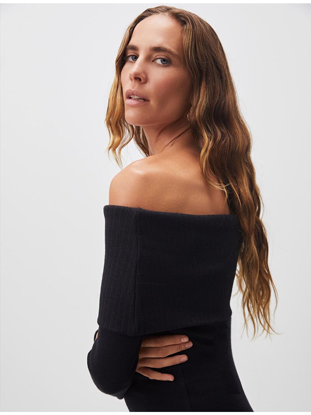 Siyah Bardot Yaka Mini Basic Elbise-1