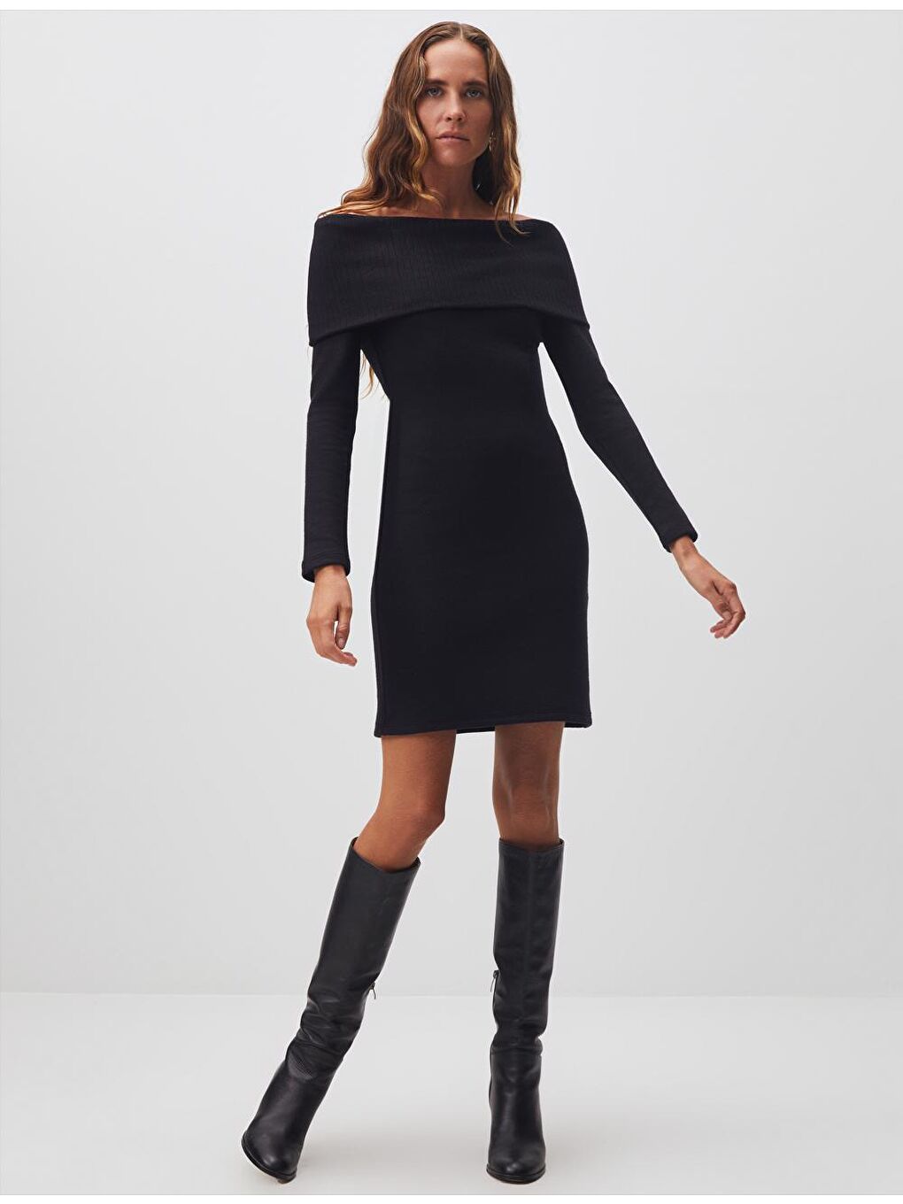 Siyah Bardot Yaka Mini Basic Elbise-6