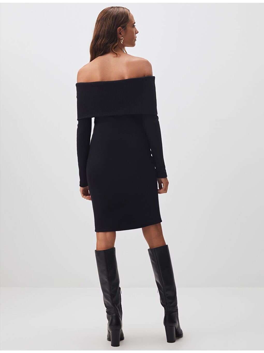 Siyah Bardot Yaka Mini Basic Elbise-7