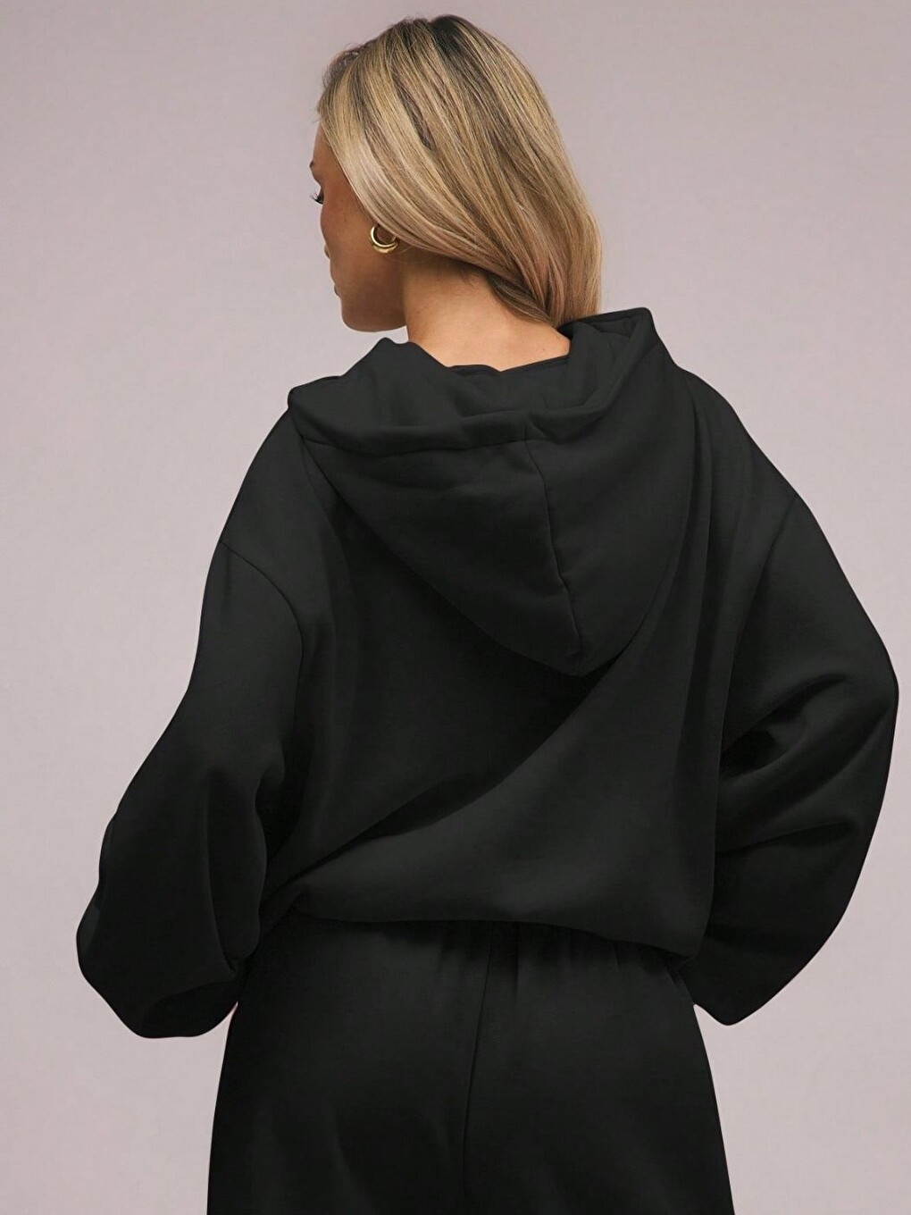3 İplik Siyah Bol Kalıp Sweatshirt Hoodie-1