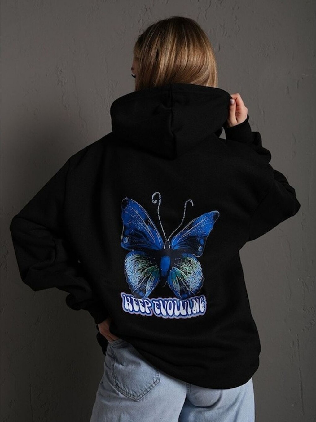 Kadın Siyah Butterfly Baskılı Oversize Kapüşonlu Sweatshirt Hoodie