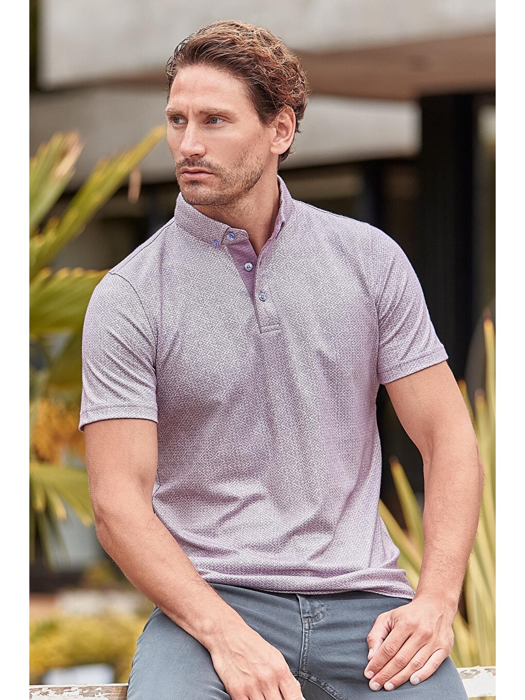 Lila Desenli Merserize Düğmeli Yaka Garnili Pamuklu Casual Slim Fit Dar Kesim Tişört 1011240164