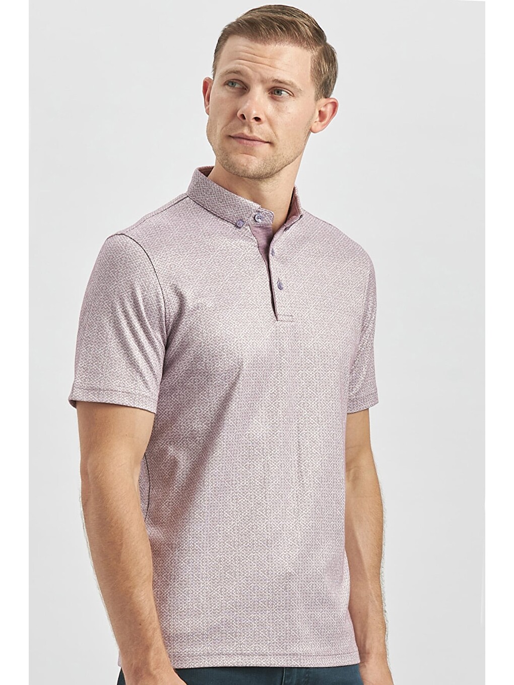 Lila Desenli Merserize Düğmeli Yaka Garnili Pamuklu Casual Slim Fit Dar Kesim Tişört 1011240164-1