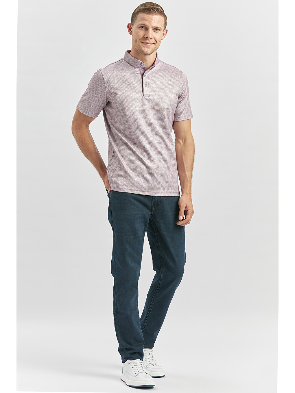 Lila Desenli Merserize Düğmeli Yaka Garnili Pamuklu Casual Slim Fit Dar Kesim Tişört 1011240164-2