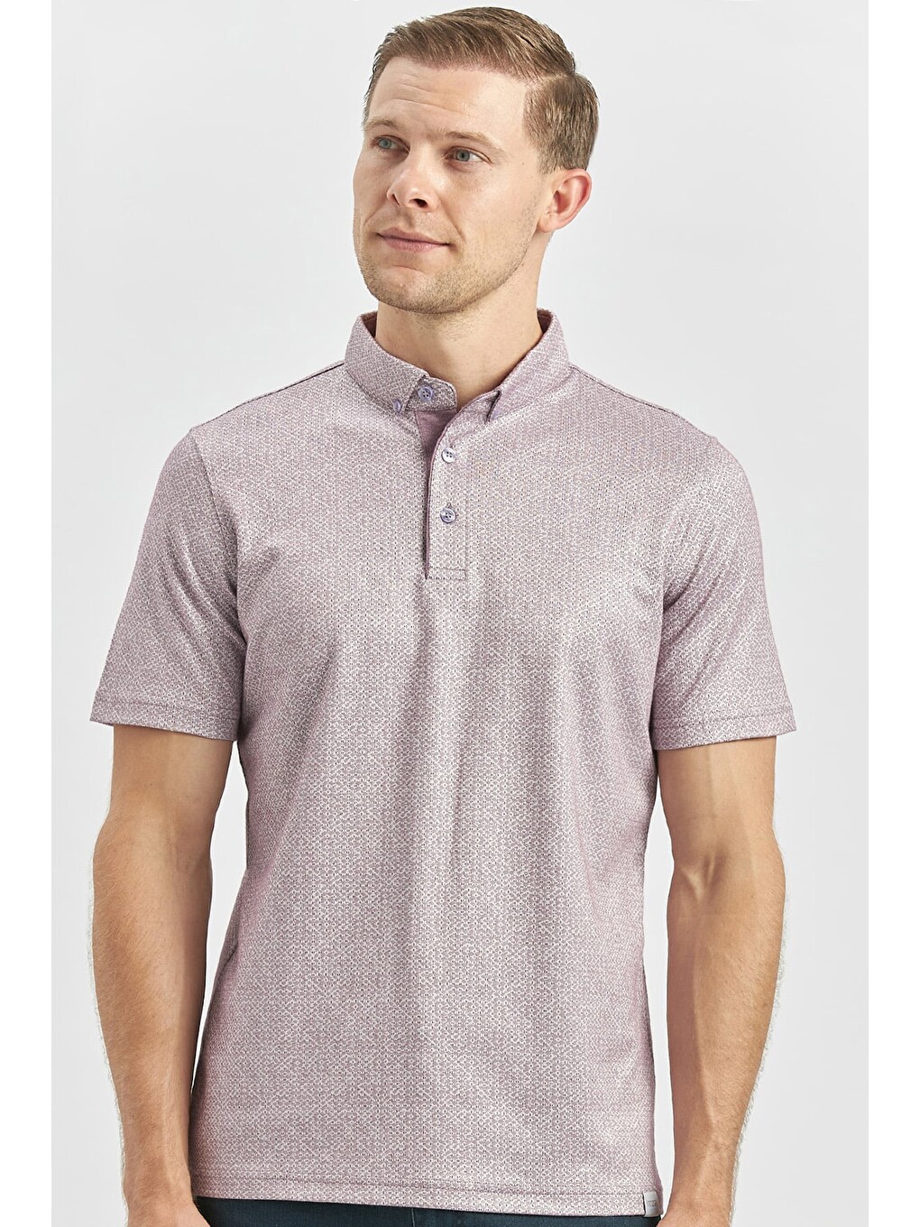Lila Desenli Merserize Düğmeli Yaka Garnili Pamuklu Casual Slim Fit Dar Kesim Tişört 1011240164-4