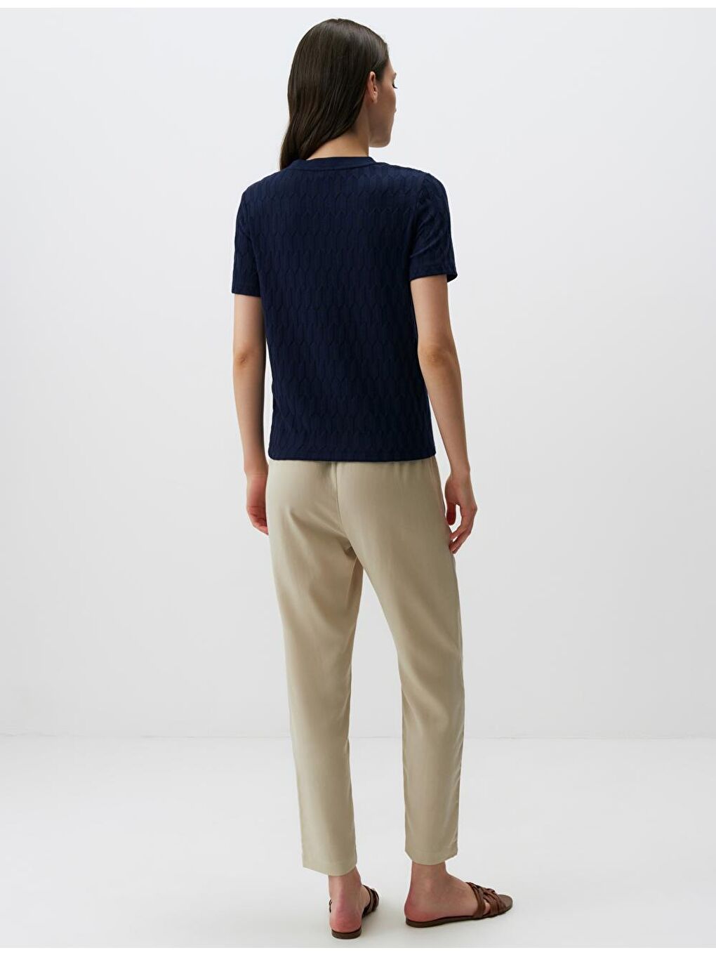 Lacivert Kısa Kollu Bisiklet Yaka Örme Tişört-5