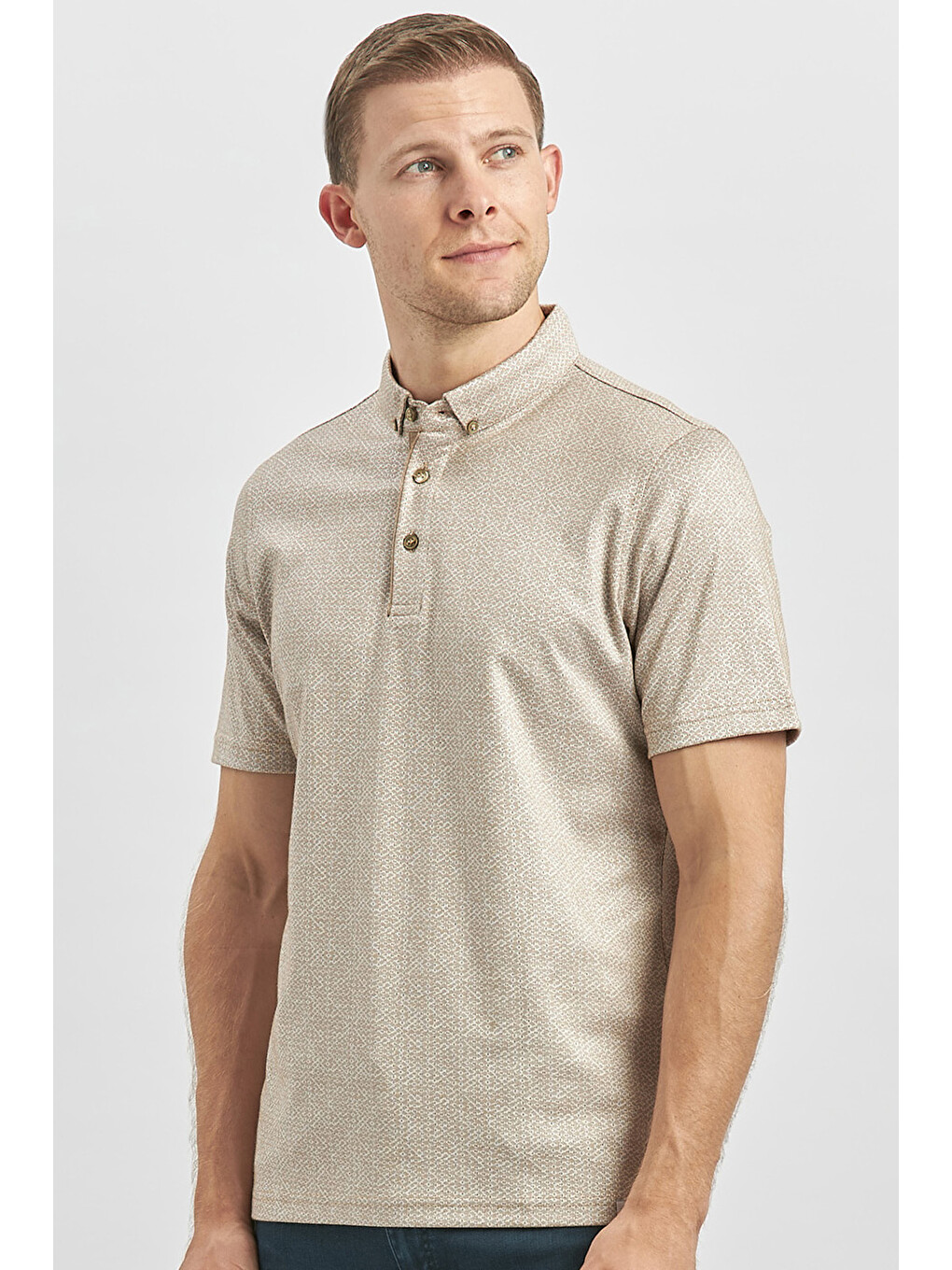 Bej Desenli Merserize Düğmeli Yaka Garnili Pamuklu Casual Slim Fit Dar Kesim Tişört 1011240164