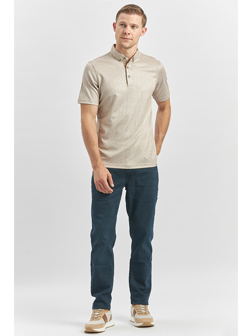 Bej Desenli Merserize Düğmeli Yaka Garnili Pamuklu Casual Slim Fit Dar Kesim Tişört 1011240164-1