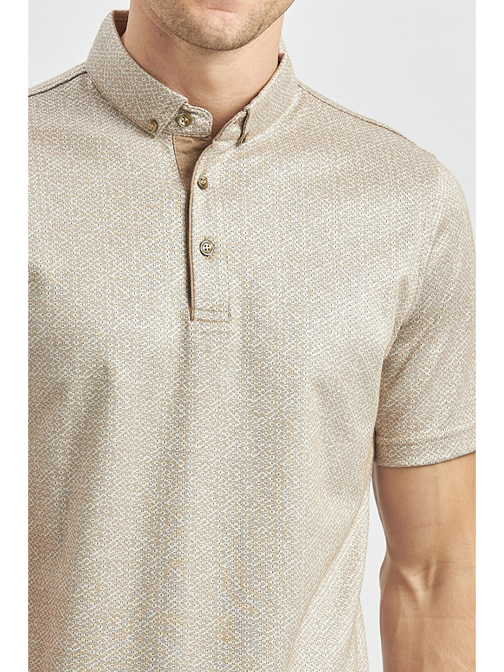 Bej Desenli Merserize Düğmeli Yaka Garnili Pamuklu Casual Slim Fit Dar Kesim Tişört 1011240164-3