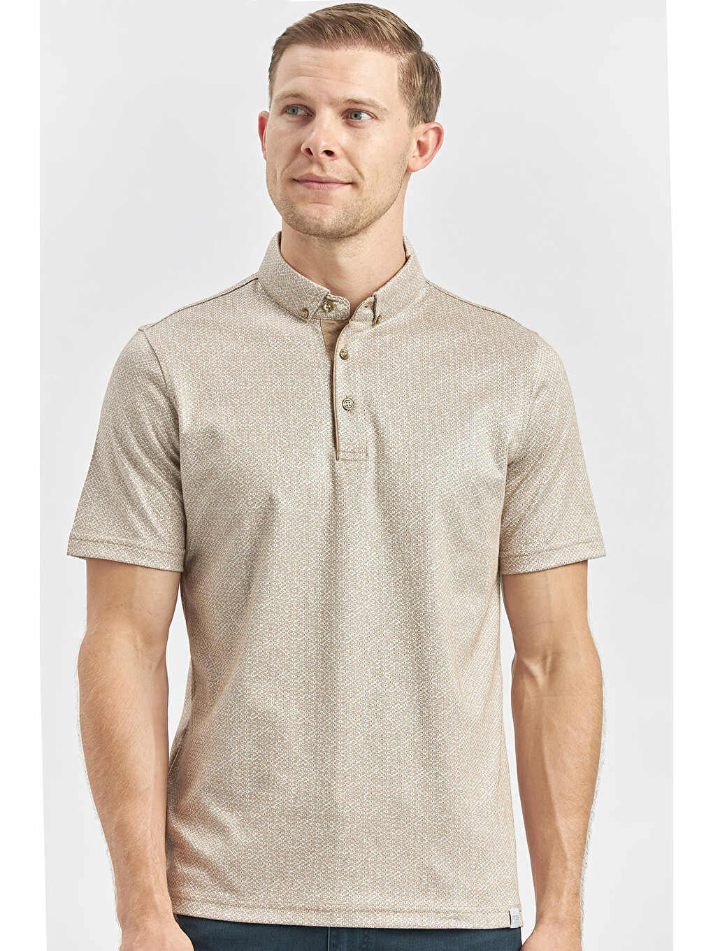 Bej Desenli Merserize Düğmeli Yaka Garnili Pamuklu Casual Slim Fit Dar Kesim Tişört 1011240164-4
