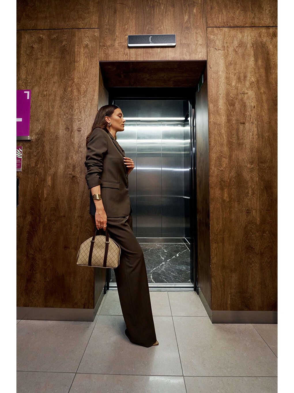 Ekru Desenli İç Cüzdanlı Kadın El ve Omuz Çantası-1