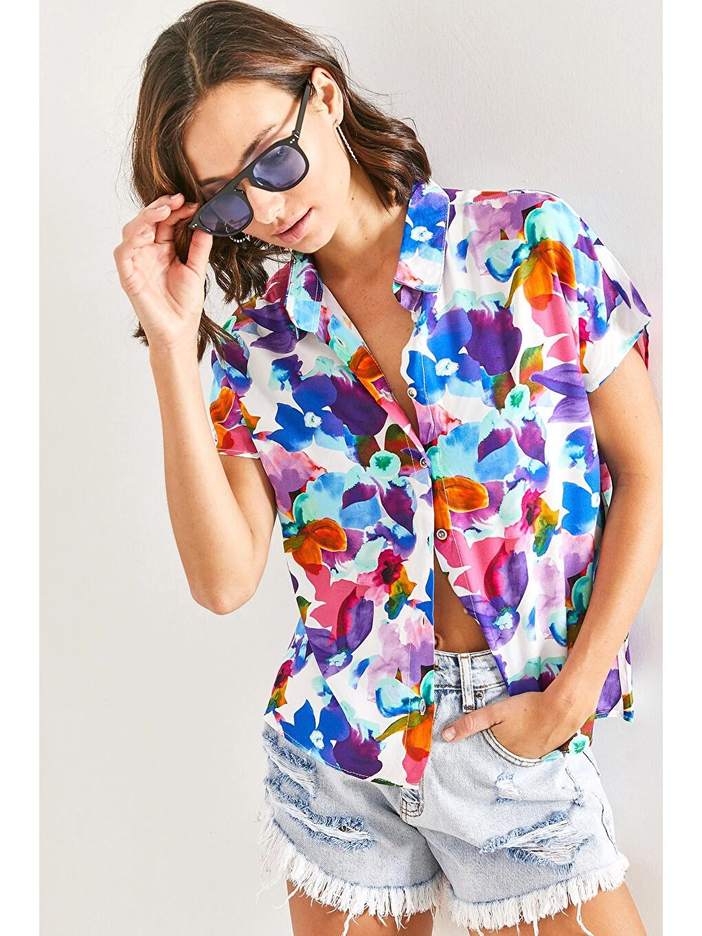 Karışık Kadın Yarasa Kol Multi Desenli Viskon Gömlek