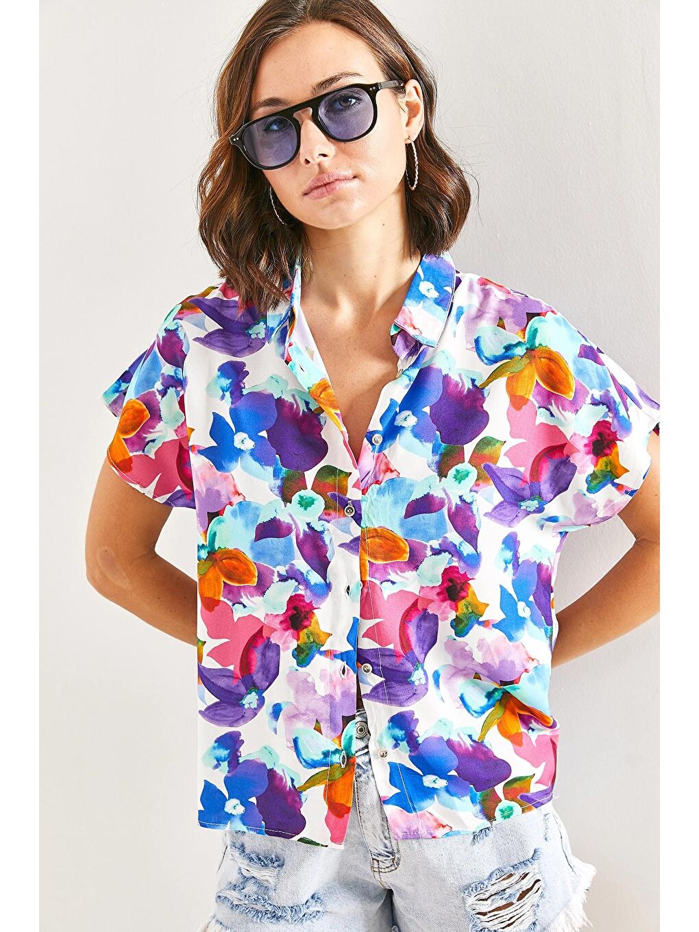 Karışık Kadın Yarasa Kol Multi Desenli Viskon Gömlek-1