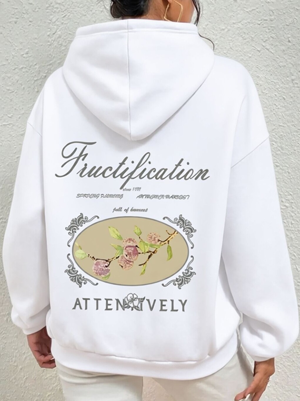 Beyaz Fructification Baskılı Oversize Kapüşonlu Sweatshirt Hoodie