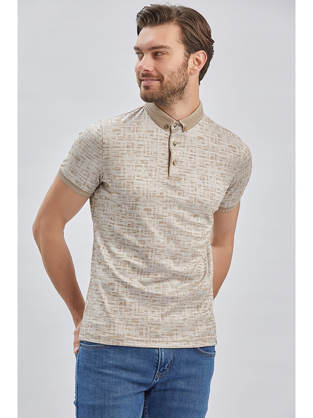 Bej Desenli Merserize Düğmeli Yaka Pamuklu Casual Slim Fit Dar Kesim Tişört 1011240160-1