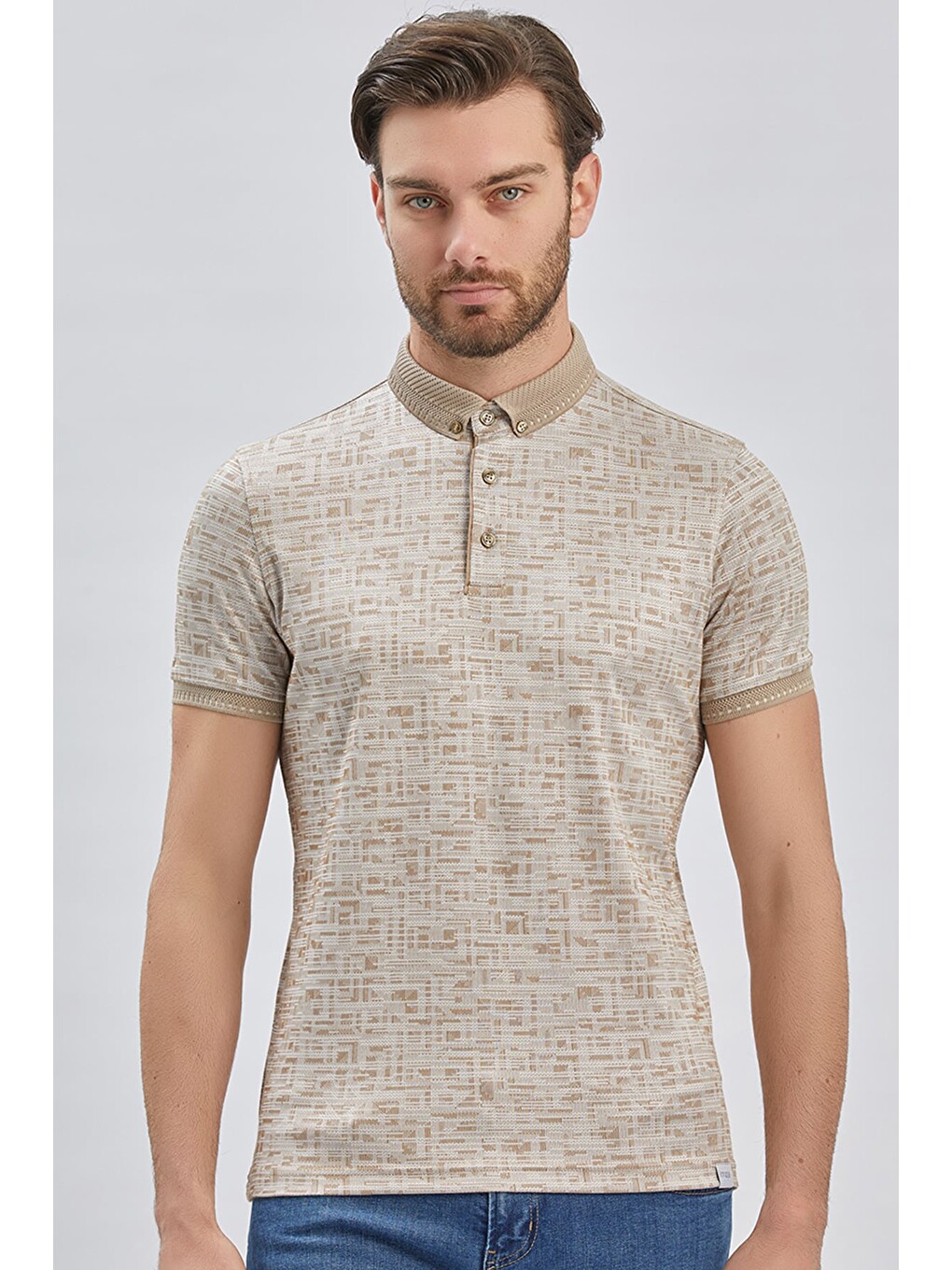 Bej Desenli Merserize Düğmeli Yaka Pamuklu Casual Slim Fit Dar Kesim Tişört 1011240160-2