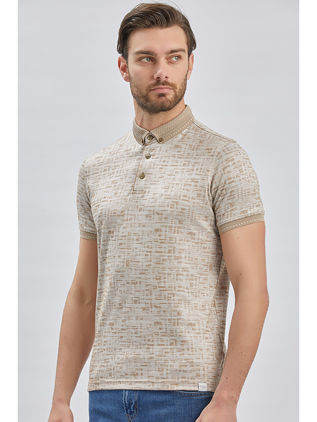 Bej Desenli Merserize Düğmeli Yaka Pamuklu Casual Slim Fit Dar Kesim Tişört 1011240160-3