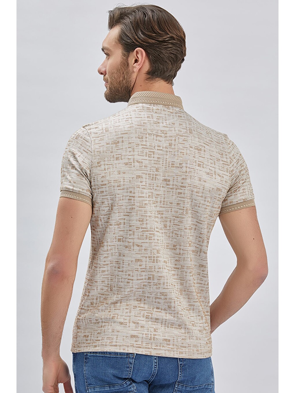 Bej Desenli Merserize Düğmeli Yaka Pamuklu Casual Slim Fit Dar Kesim Tişört 1011240160-4