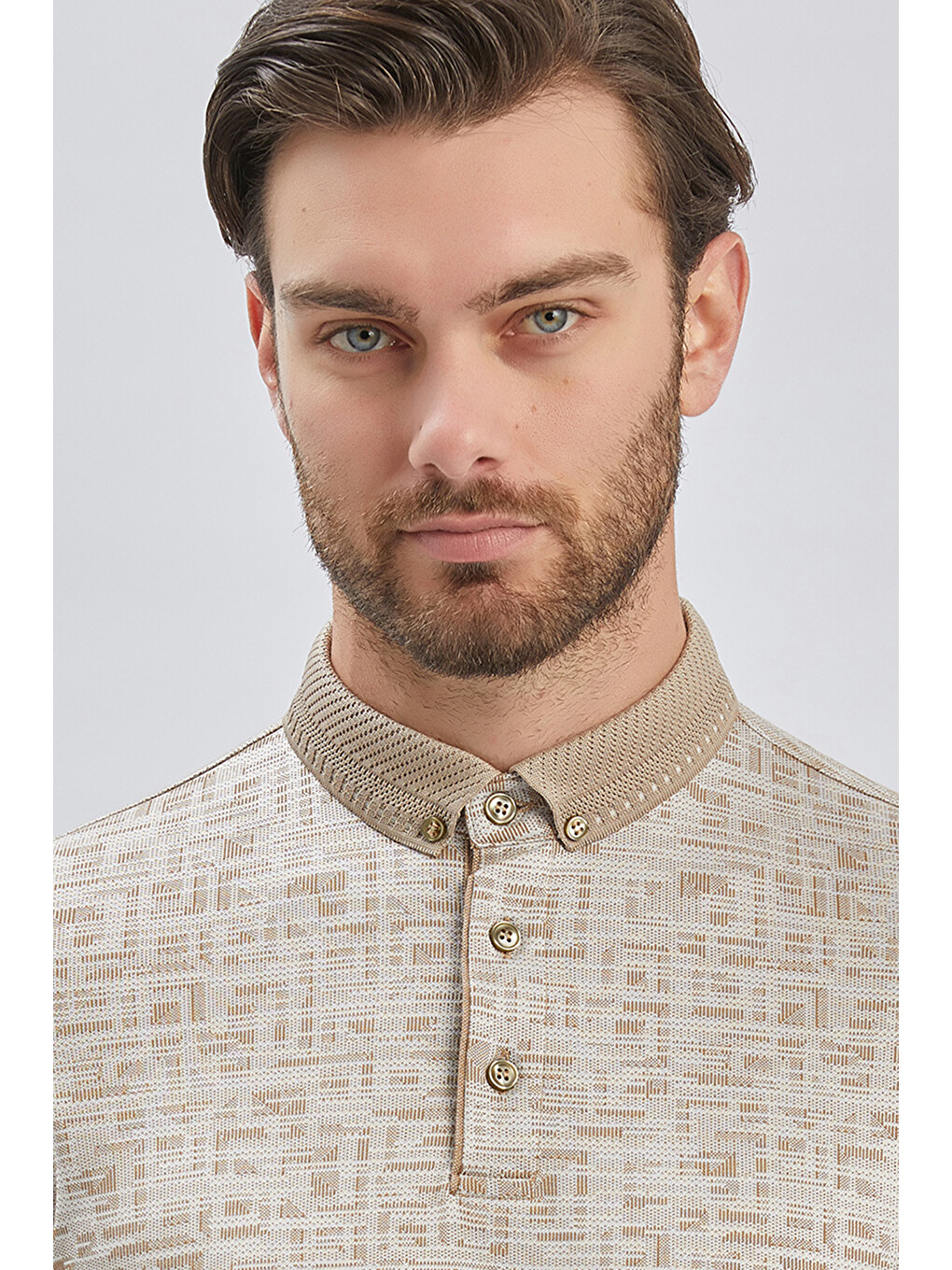 Bej Desenli Merserize Düğmeli Yaka Pamuklu Casual Slim Fit Dar Kesim Tişört 1011240160-5