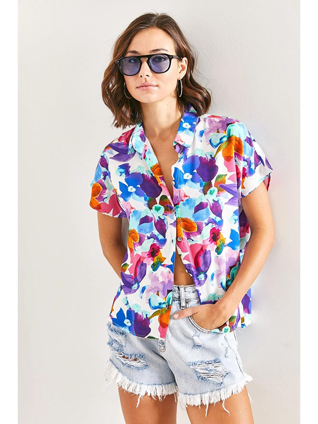 Karışık Kadın Yarasa Kol Multi Desenli Viskon Gömlek-3