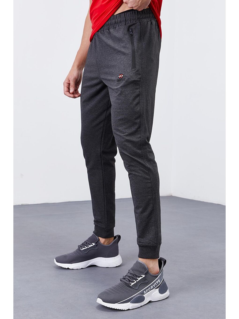 Antrasit Melanj Fermuar Cepli Standart Kalıp Jogger Erkek Eşofman Alt - 84651-1