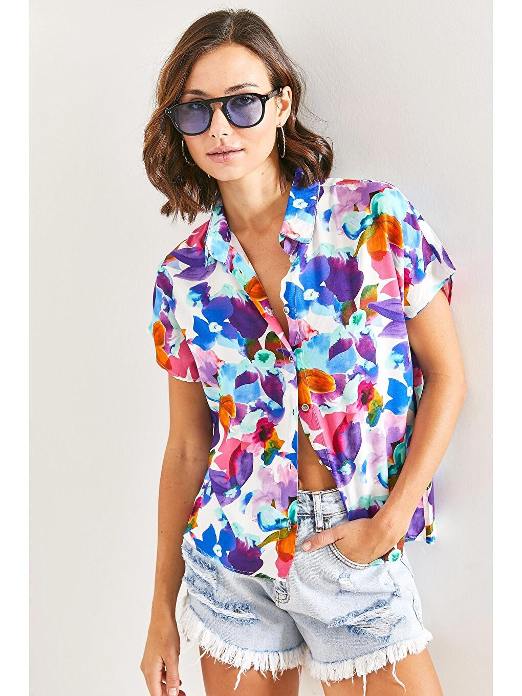 Karışık Kadın Yarasa Kol Multi Desenli Viskon Gömlek-4