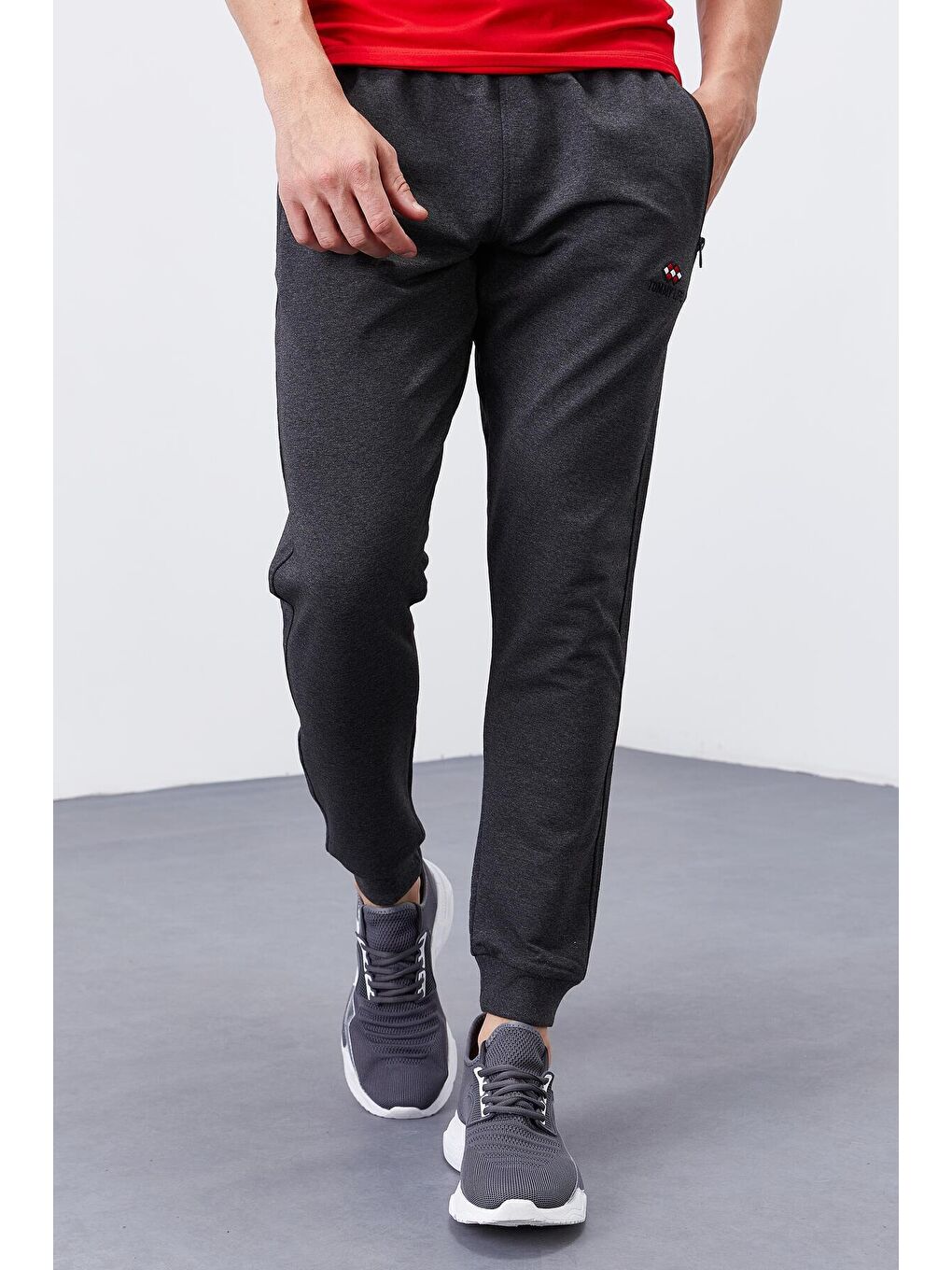 Antrasit Melanj Fermuar Cepli Standart Kalıp Jogger Erkek Eşofman Alt - 84651-3