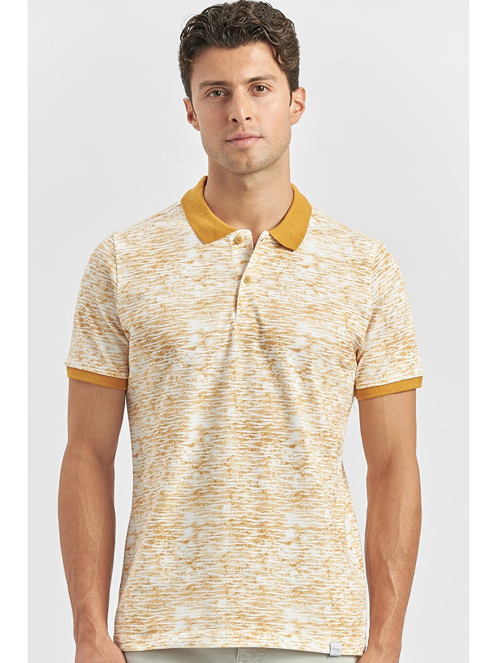 Sarı Hardal Baskılı Pike Polo Yaka Garnili %100 Pamuk Casual Slim Fit Dar Kesim Tişört 1011240157-2