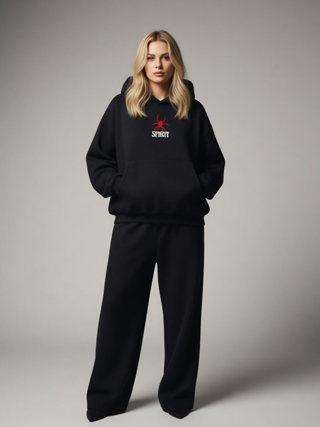 Siyah Spirits Baskılı Oversize Kapüşonlu Sweatshirt Hoodie-1