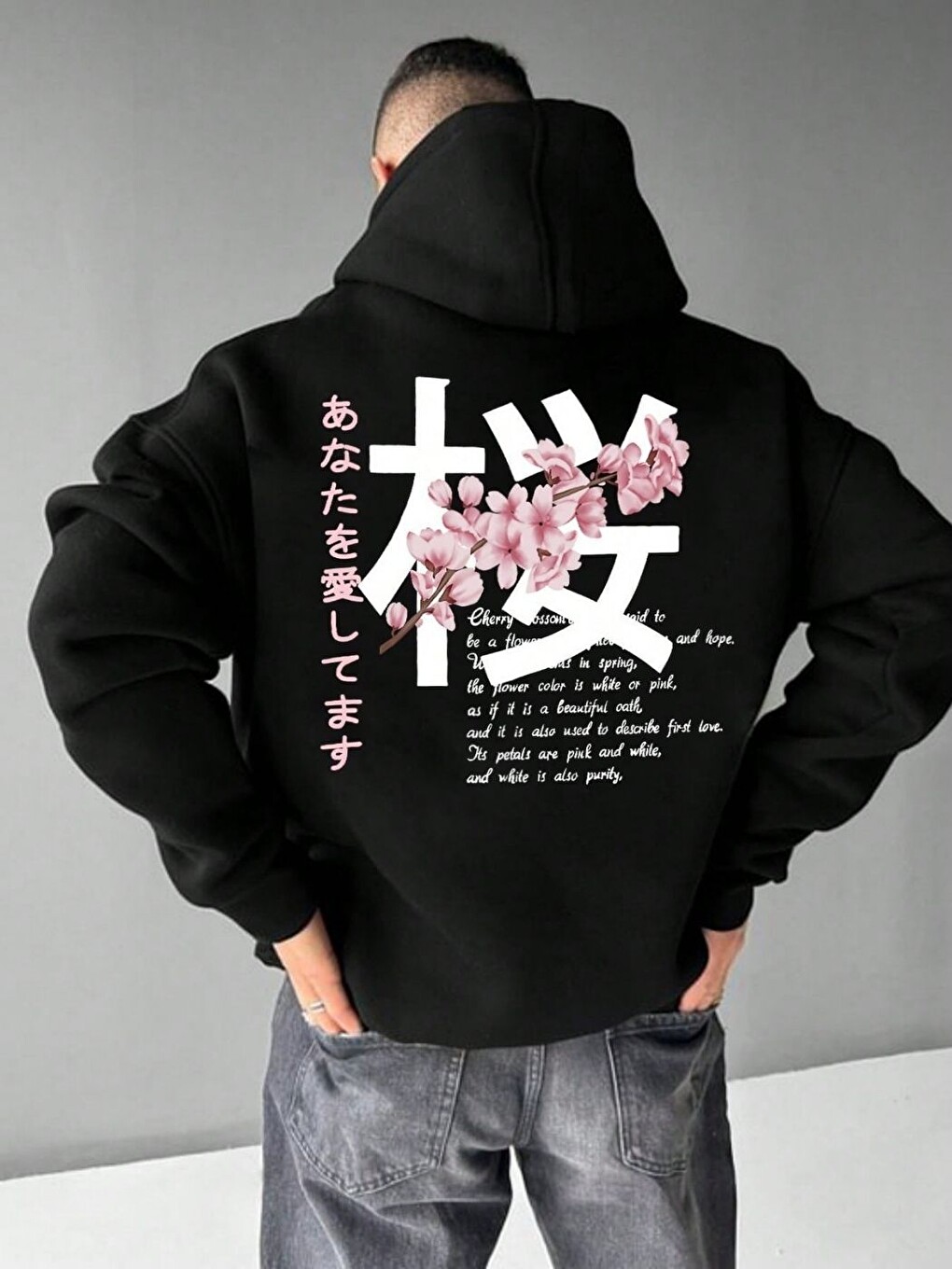 Unisex Erkek Cherry Japan Özel Baskı Pamuklu Oversize Kapüşonlu Sweatshirt Siyah