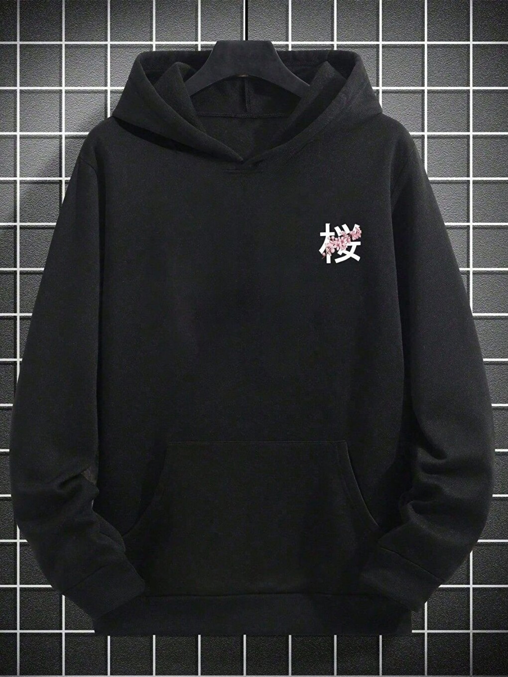 Unisex Erkek Cherry Japan Özel Baskı Pamuklu Oversize Kapüşonlu Sweatshirt Siyah-1