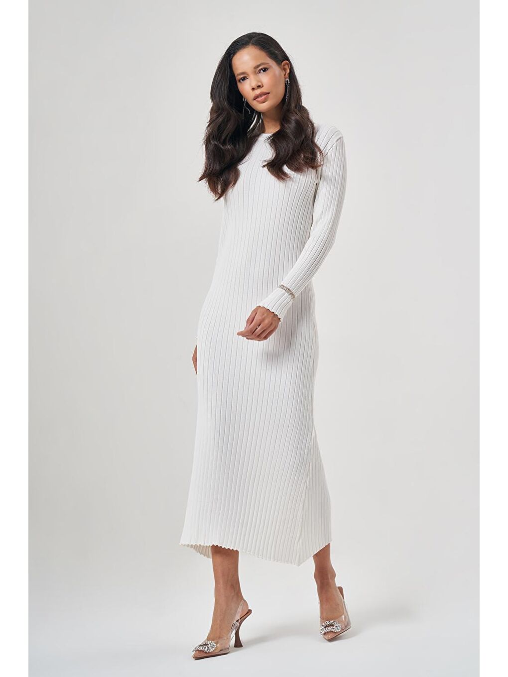 O Yaka Fitilli Ekru Triko Elbise