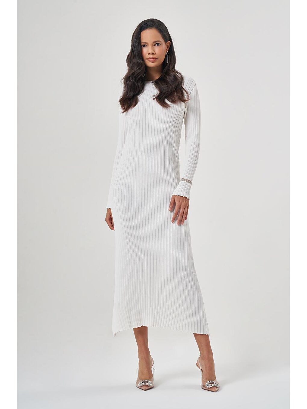 O Yaka Fitilli Ekru Triko Elbise-1