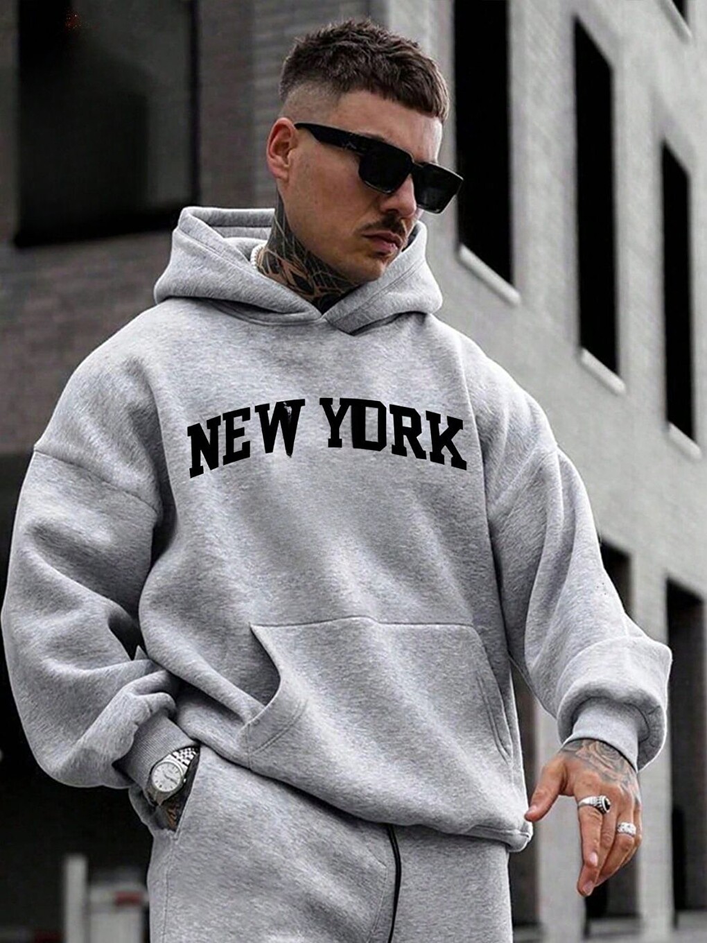 Unisex Erkek Newyork Özel Baskı Pamuklu Oversize Kapüşonlu Sweatshirt Gri