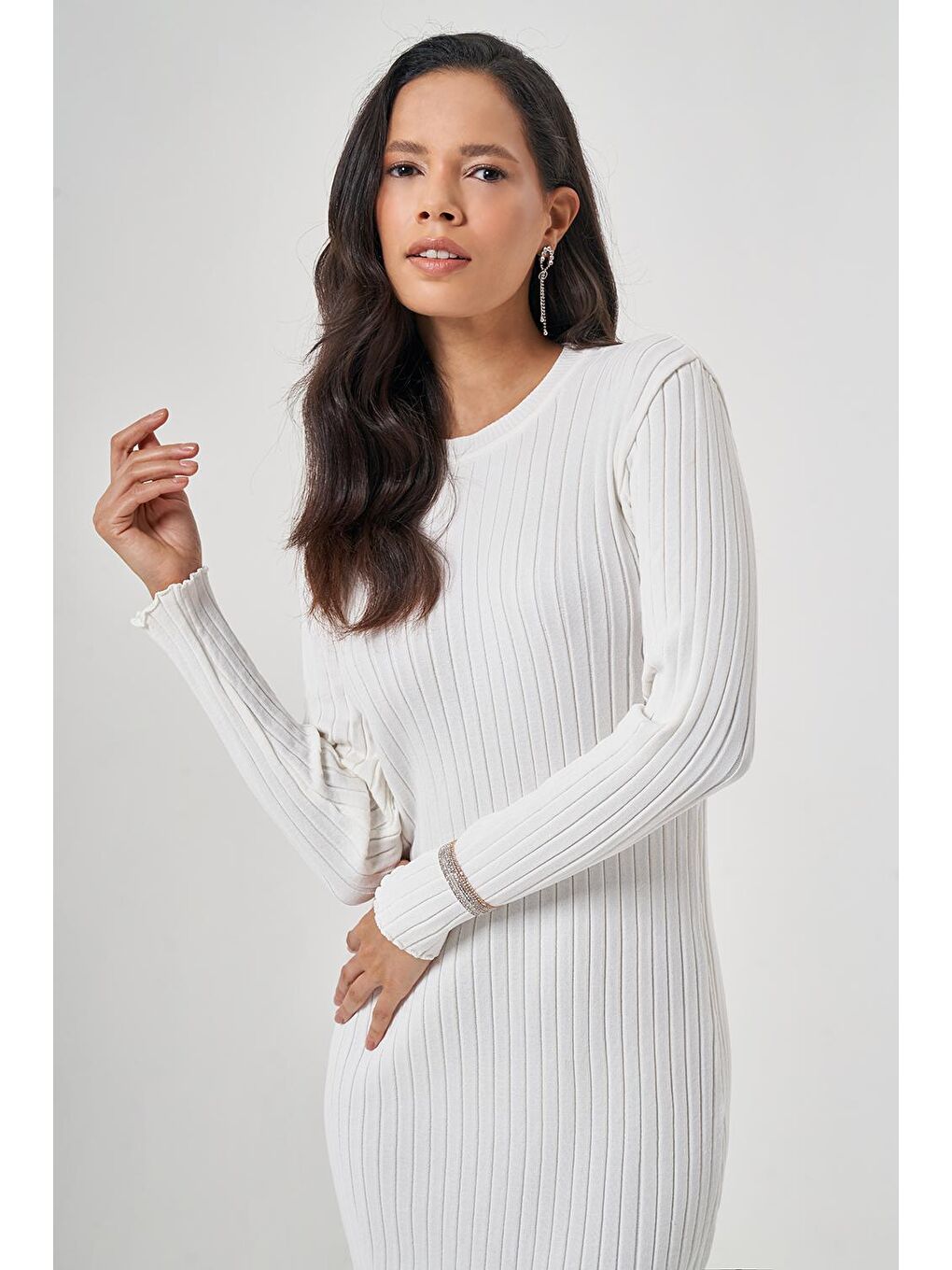 O Yaka Fitilli Ekru Triko Elbise-3