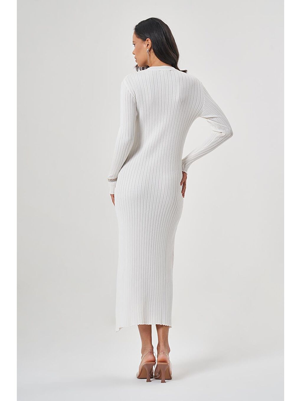 O Yaka Fitilli Ekru Triko Elbise-4