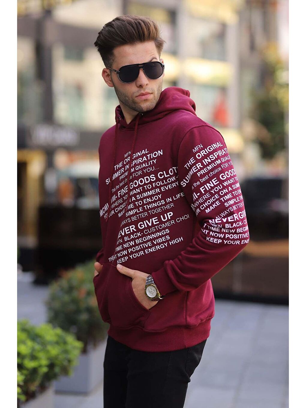 Bordo Baskılı Kapüşonlu Erkek Hoodie 6009