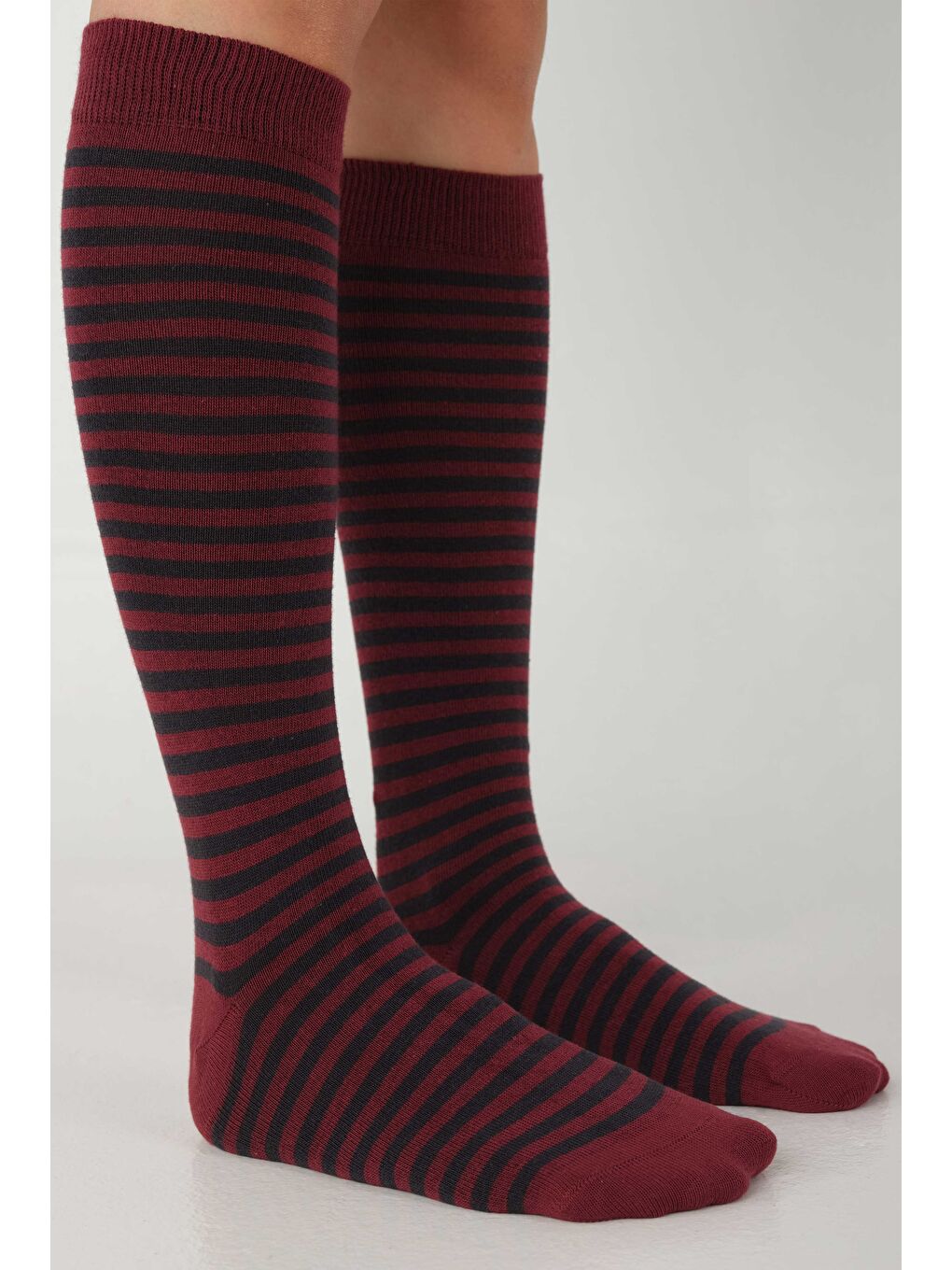 Çizgili Diz Altı Çorap Gri-Bordo
