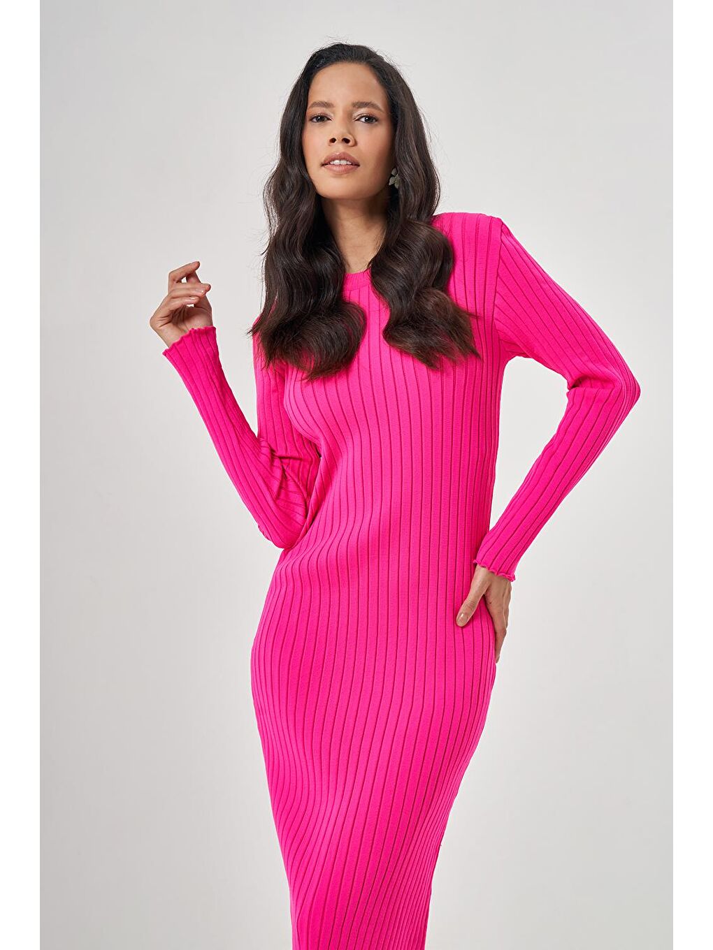 O Yaka Fitilli Fuşya Triko Elbise