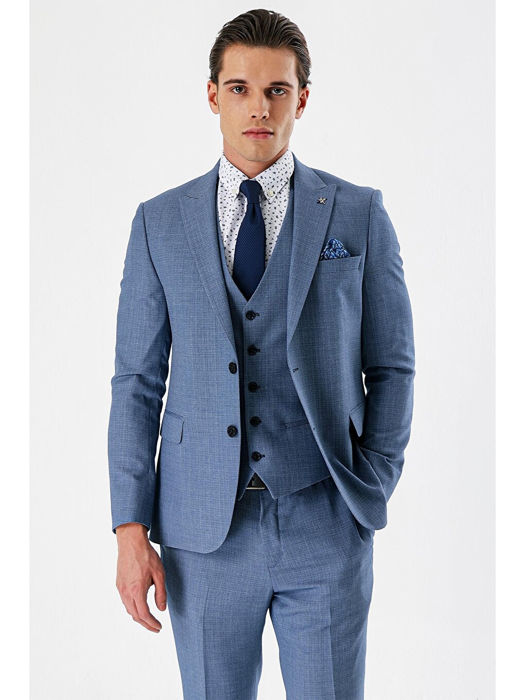 İndigo Mavi Desenli Kırlangıç Yaka Yelekli 6 Drop Slim Fit Dar Kesim Klasik Takım Elbise 1001240157-1