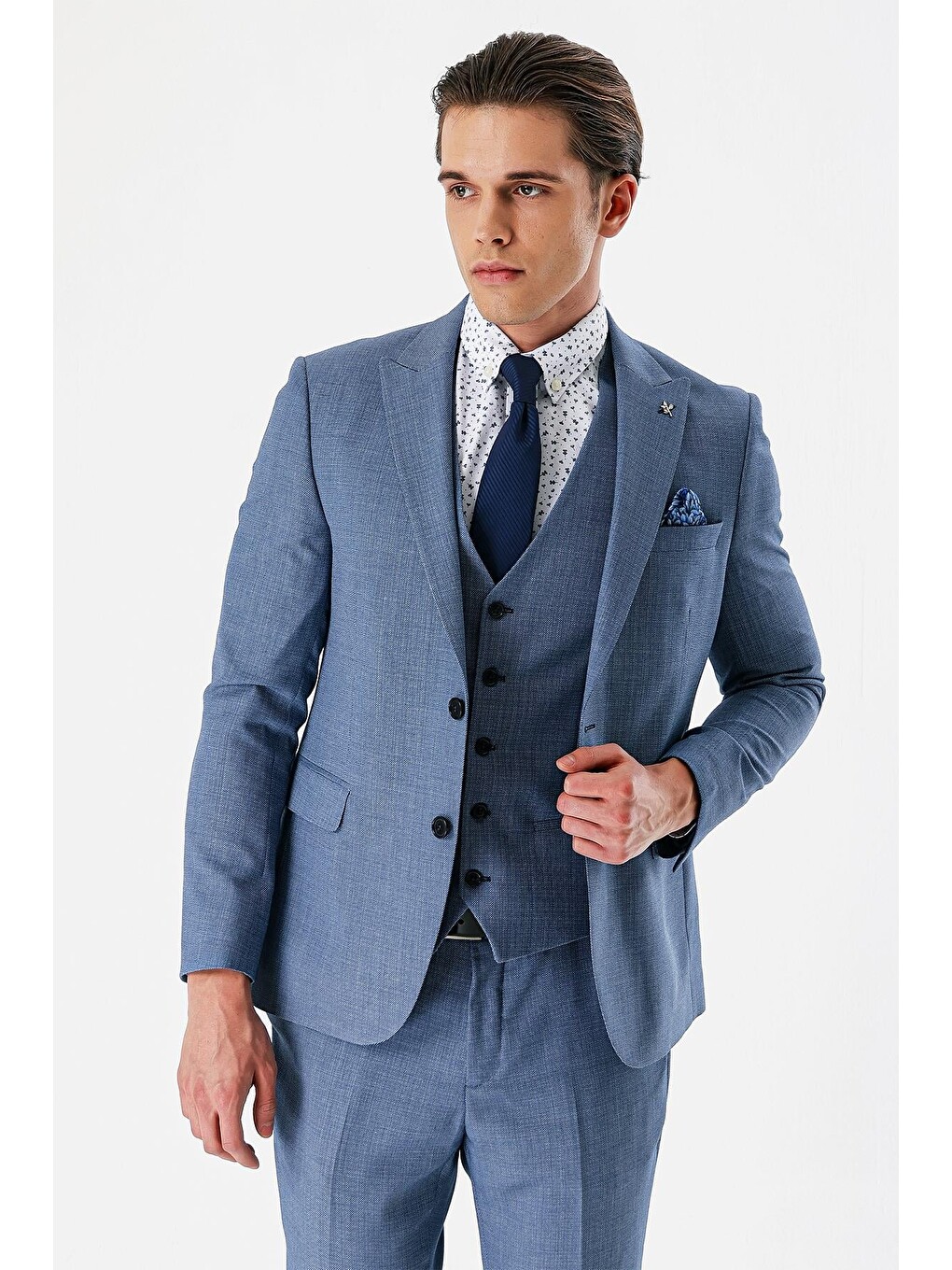 İndigo Mavi Desenli Kırlangıç Yaka Yelekli 6 Drop Slim Fit Dar Kesim Klasik Takım Elbise 1001240157-2