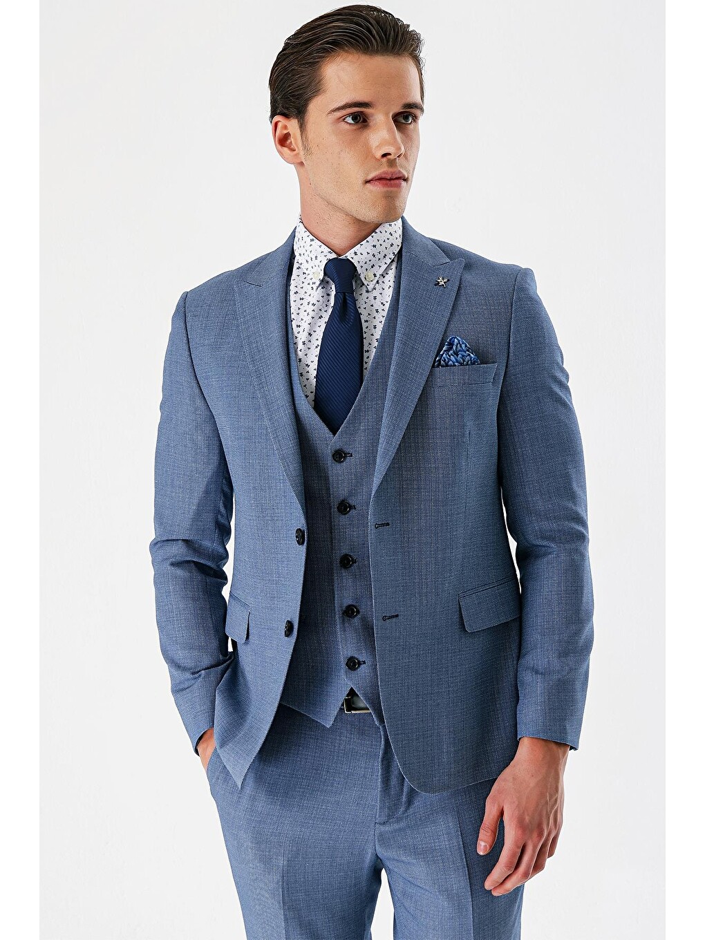 İndigo Mavi Desenli Kırlangıç Yaka Yelekli 6 Drop Slim Fit Dar Kesim Klasik Takım Elbise 1001240157-3