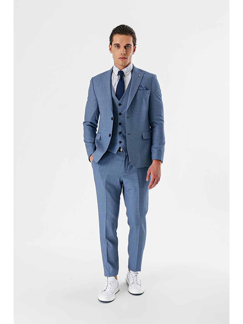 İndigo Mavi Desenli Kırlangıç Yaka Yelekli 6 Drop Slim Fit Dar Kesim Klasik Takım Elbise 1001240157-4