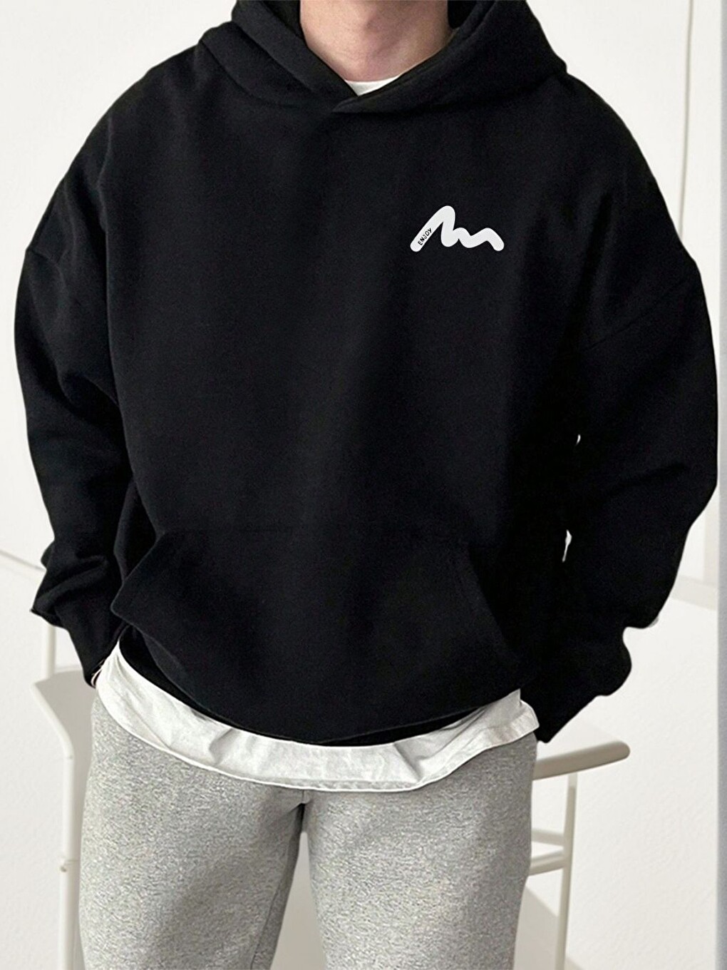 Siyah Enjoy Baskılı Kapüşonlu Oversize Sweatshirt