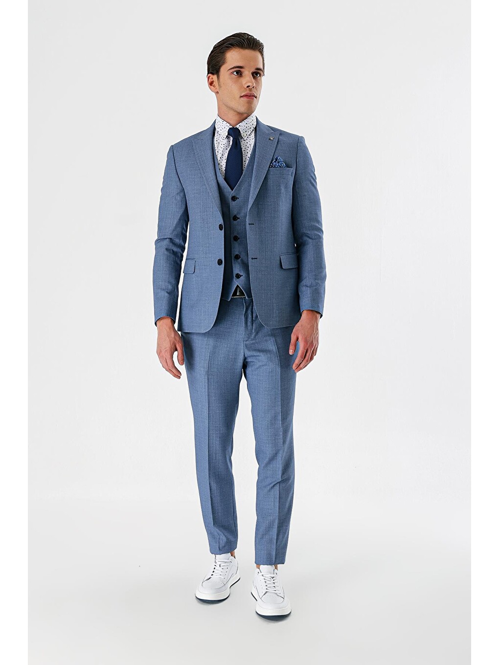 İndigo Mavi Desenli Kırlangıç Yaka Yelekli 6 Drop Slim Fit Dar Kesim Klasik Takım Elbise 1001240157-5