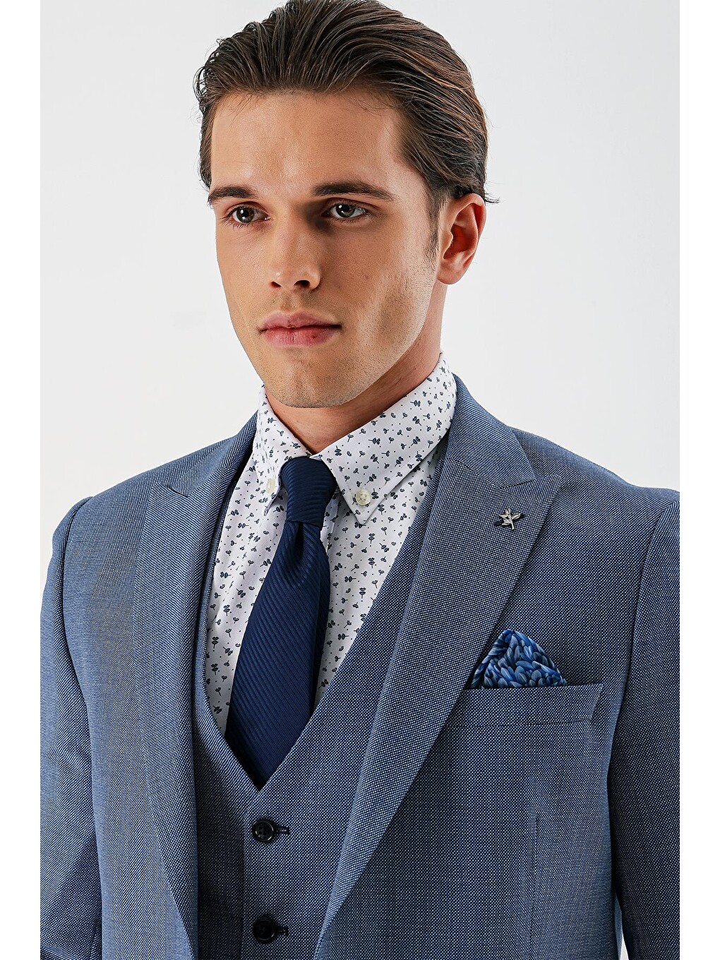 İndigo Mavi Desenli Kırlangıç Yaka Yelekli 6 Drop Slim Fit Dar Kesim Klasik Takım Elbise 1001240157-6