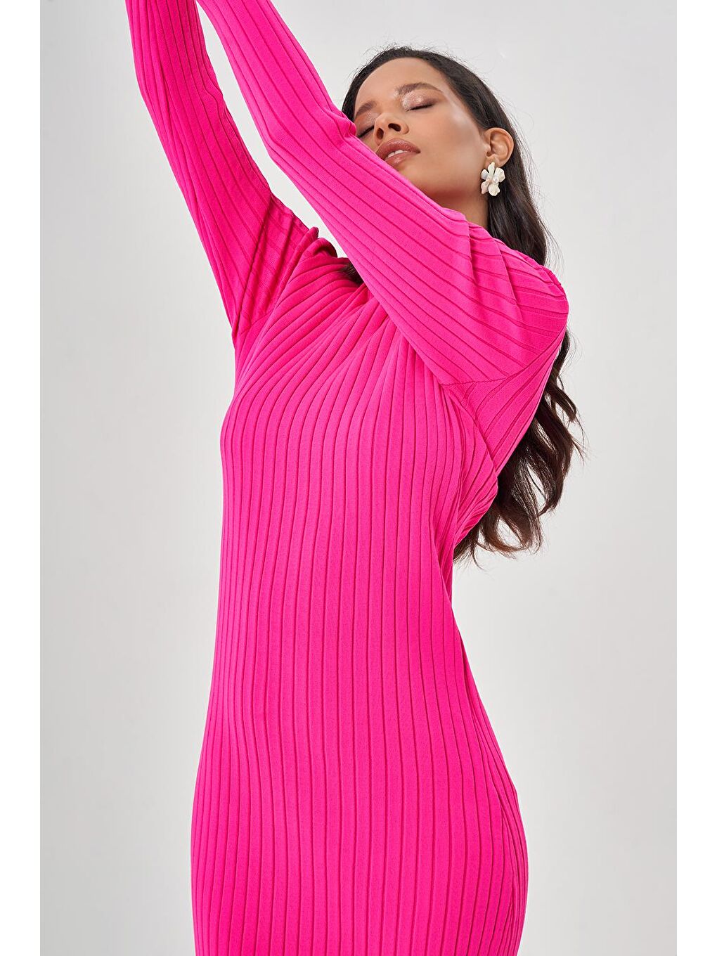 O Yaka Fitilli Fuşya Triko Elbise-2